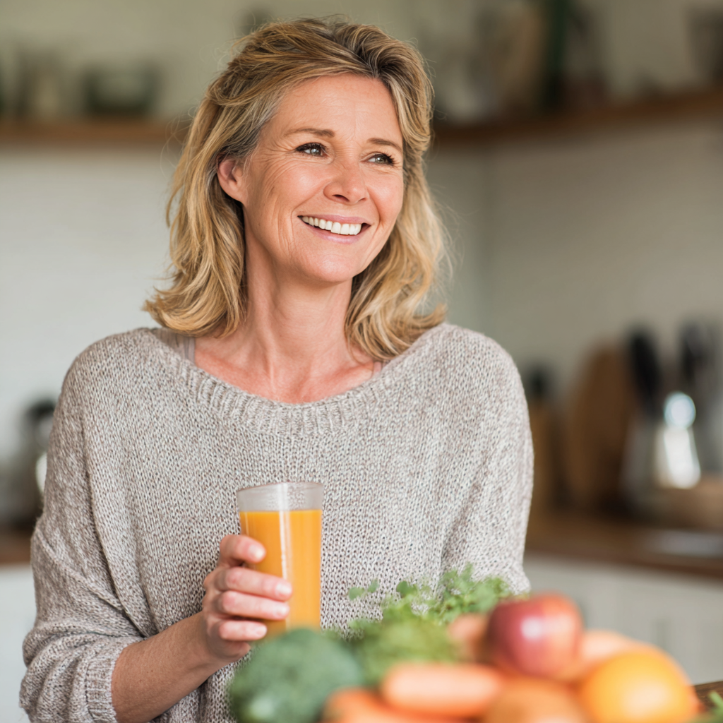 middle-aged woman sharing positive experience with nutrition planning